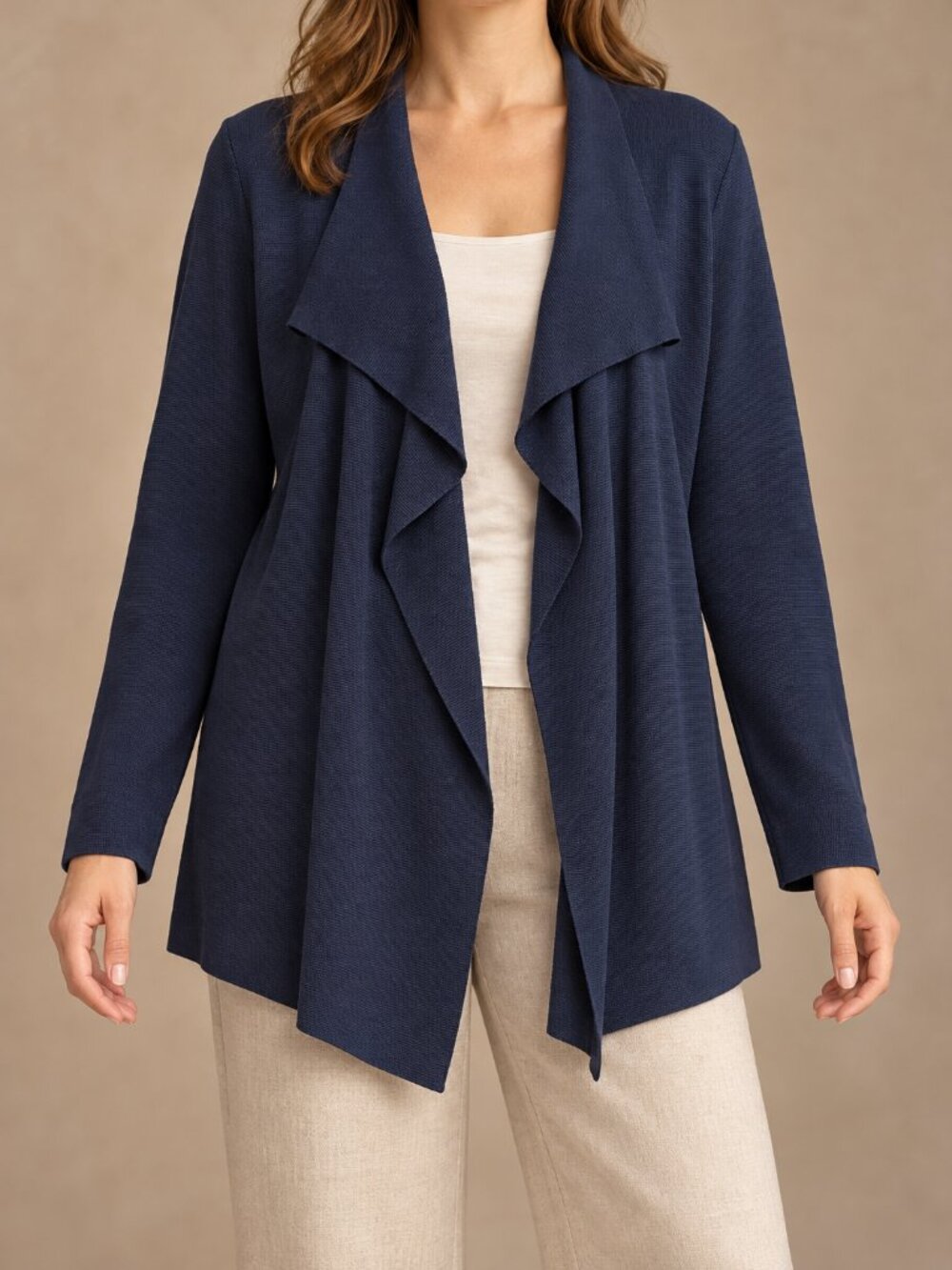 Eileen Fisher 80% Silk Organic Cotton Navy Draped Open Front Cardigan Large